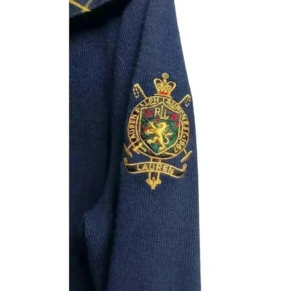 Lauren Ralph Lauren Embroidered Logo Plaid Collared Gold Buttons Sweater Navy - Picture 6 of 11